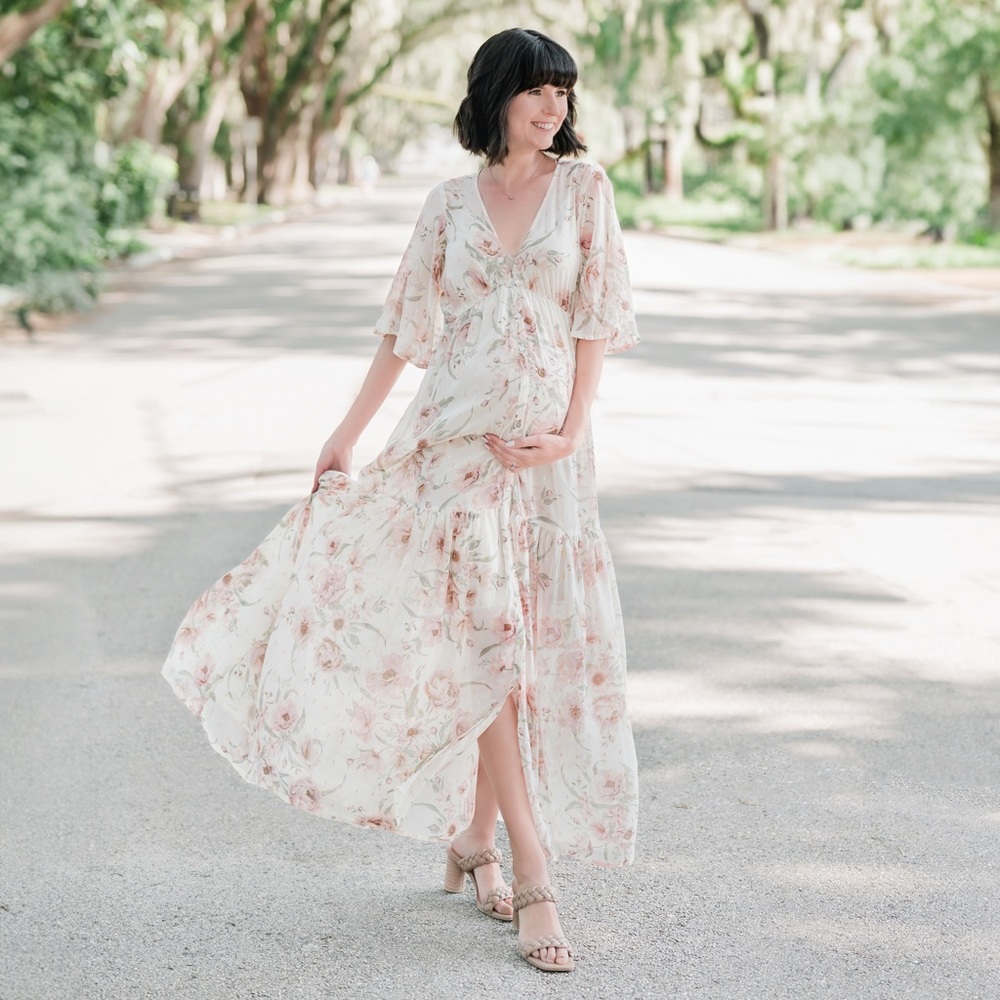 Floral gold detail Maxi spring Dress bump friendly